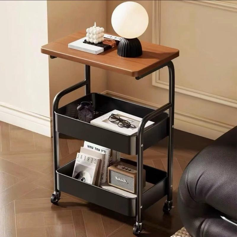 Rak 3 tingkat dengan roda logam, permukaan meja MDF, boleh dikunci